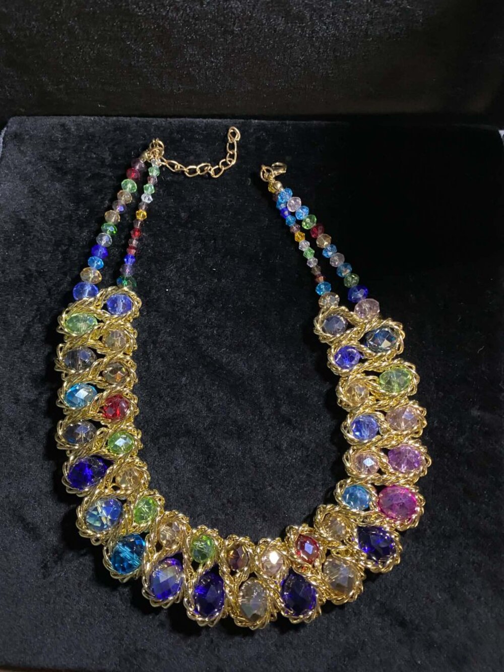 Vintage Gadget Girl Collar bib Multi Coloured Crystals twisted Goldtone Necklace